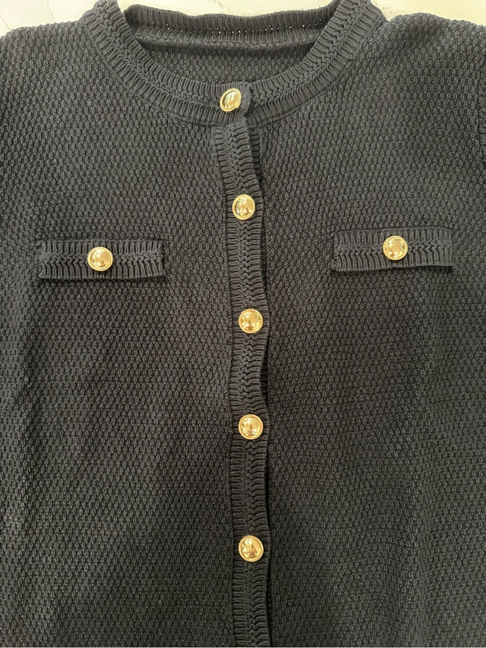 Vintage Classic Black Knit Short Sleeve Cardigan for with Gold Buttons